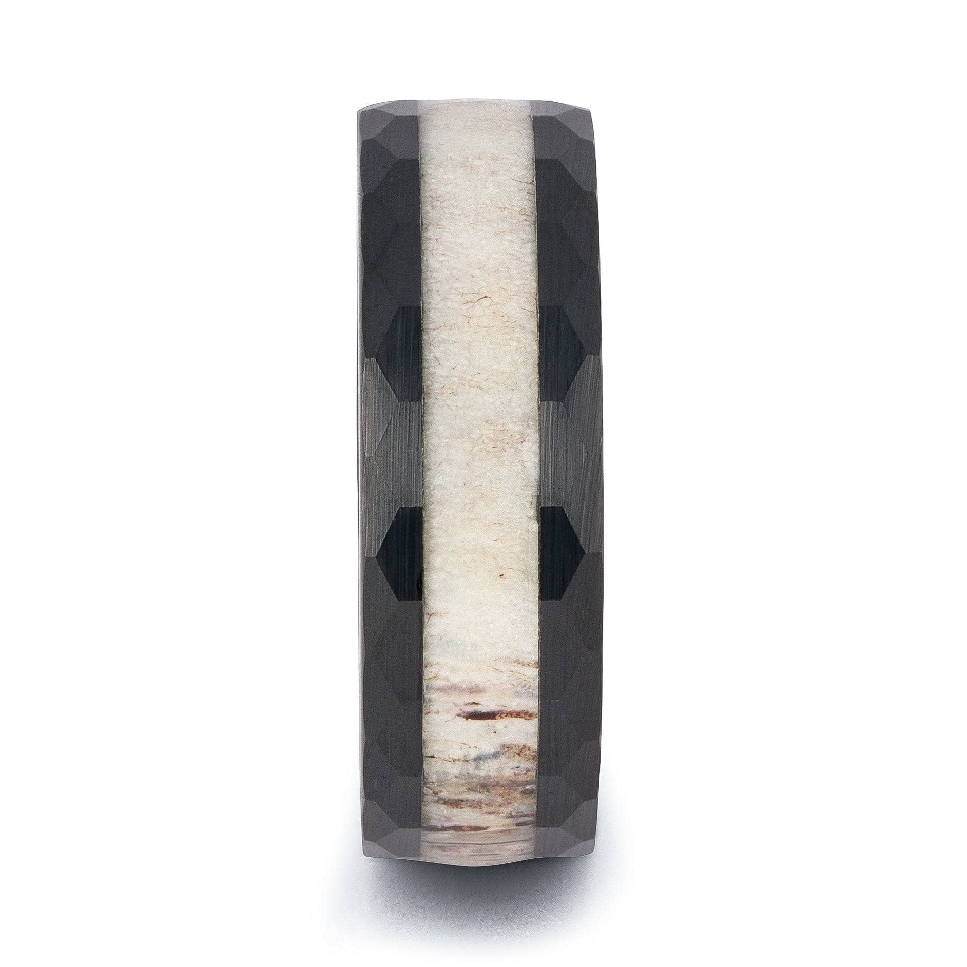 Hammered Black Tungsten Wedding Band With Deer Antler