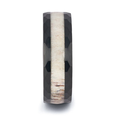 Hammered Black Tungsten Wedding Band With Deer Antler
