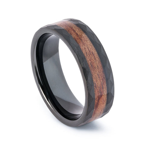Hammered Black Tungsten Wedding Band With Koa Wood