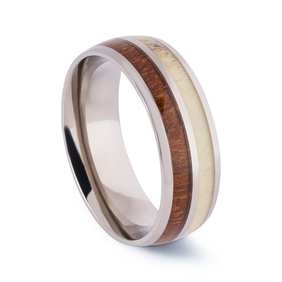 Polished Titanium Wedding Band With Deer Antler And Koa Wood