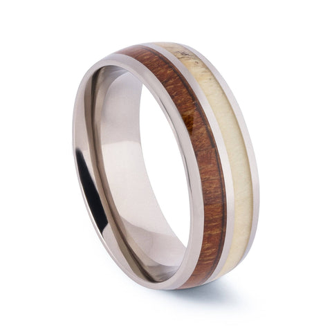 Polished Titanium Wedding Band With Deer Antler And Koa Wood