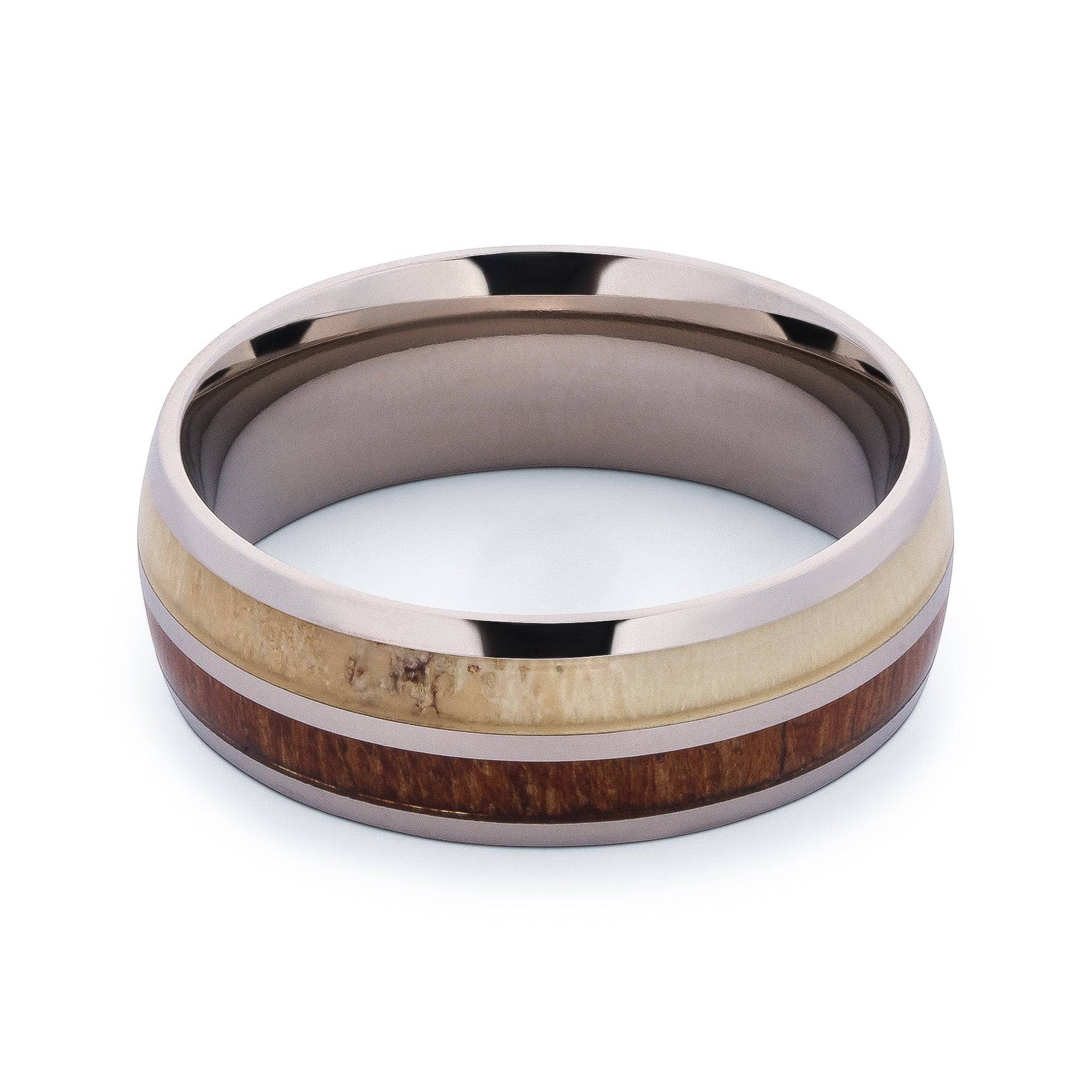 Polished Titanium Wedding Band With Deer Antler And Koa Wood