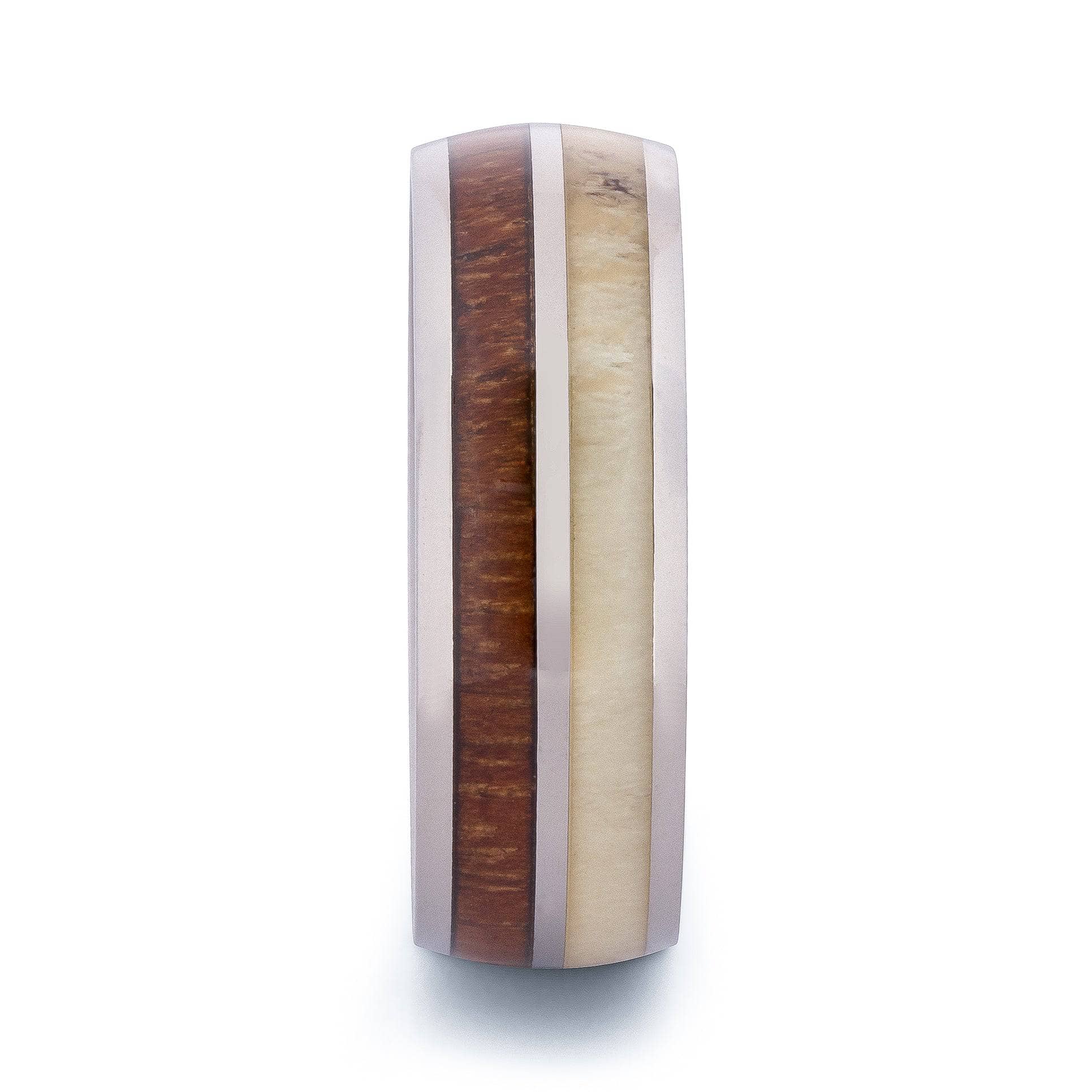 Polished Titanium Wedding Band With Deer Antler And Koa Wood
