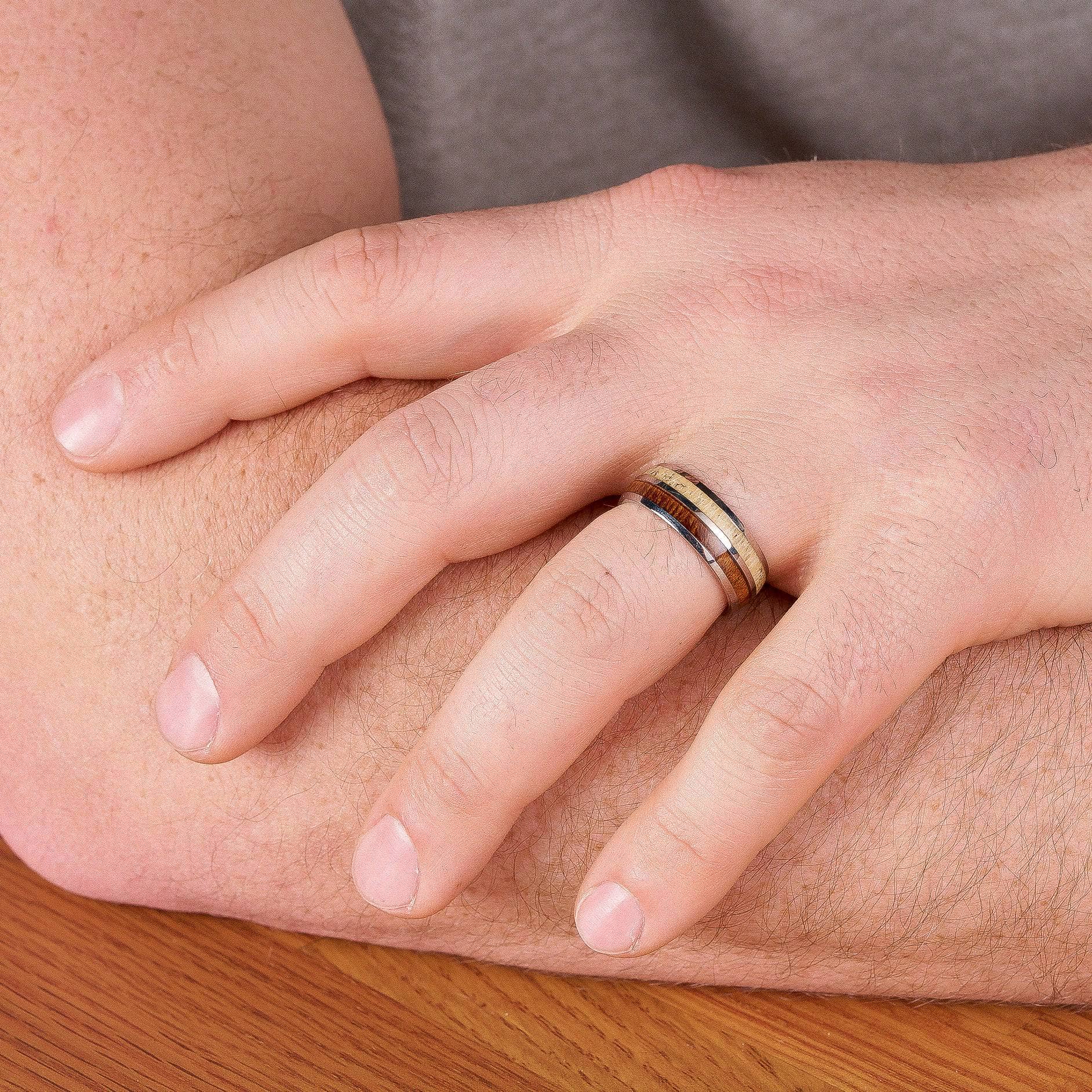 Polished Titanium Wedding Band With Deer Antler And Koa Wood