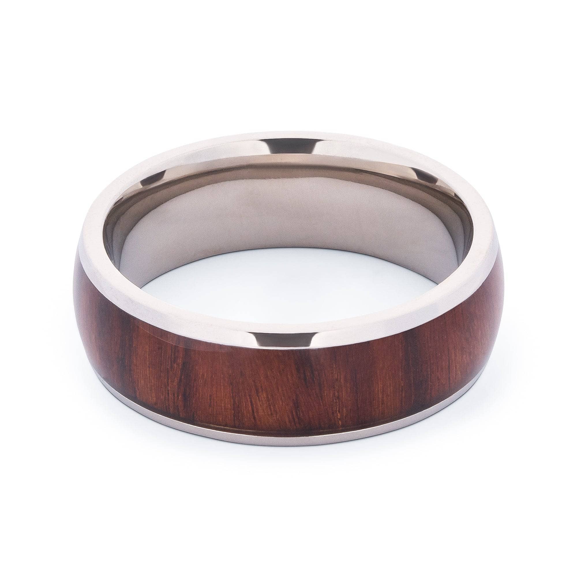 Polished Titanium Wedding Band With Domed Mahogany Wood