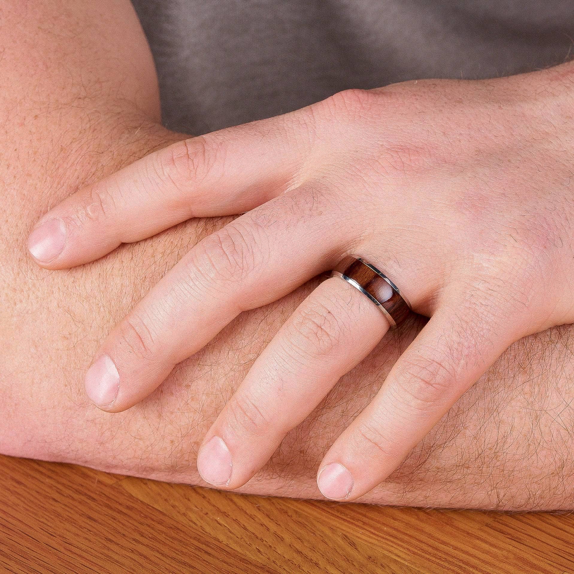 Polished Titanium Wedding Band With Domed Mahogany Wood