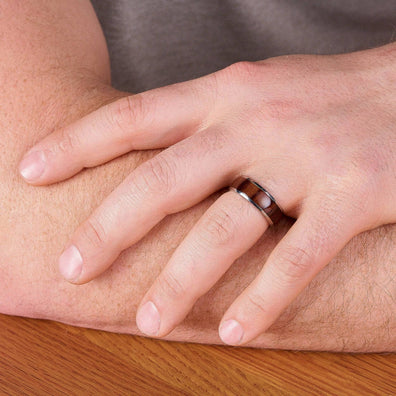 Polished Titanium Wedding Band With Domed Mahogany Wood