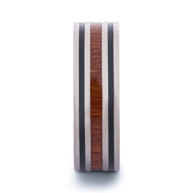 Polished Titanium Wedding Band With Pear Wood Double Black Stripes