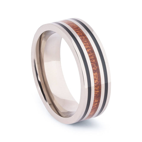Polished Titanium Wedding Band With Pear Wood Double Black Stripes