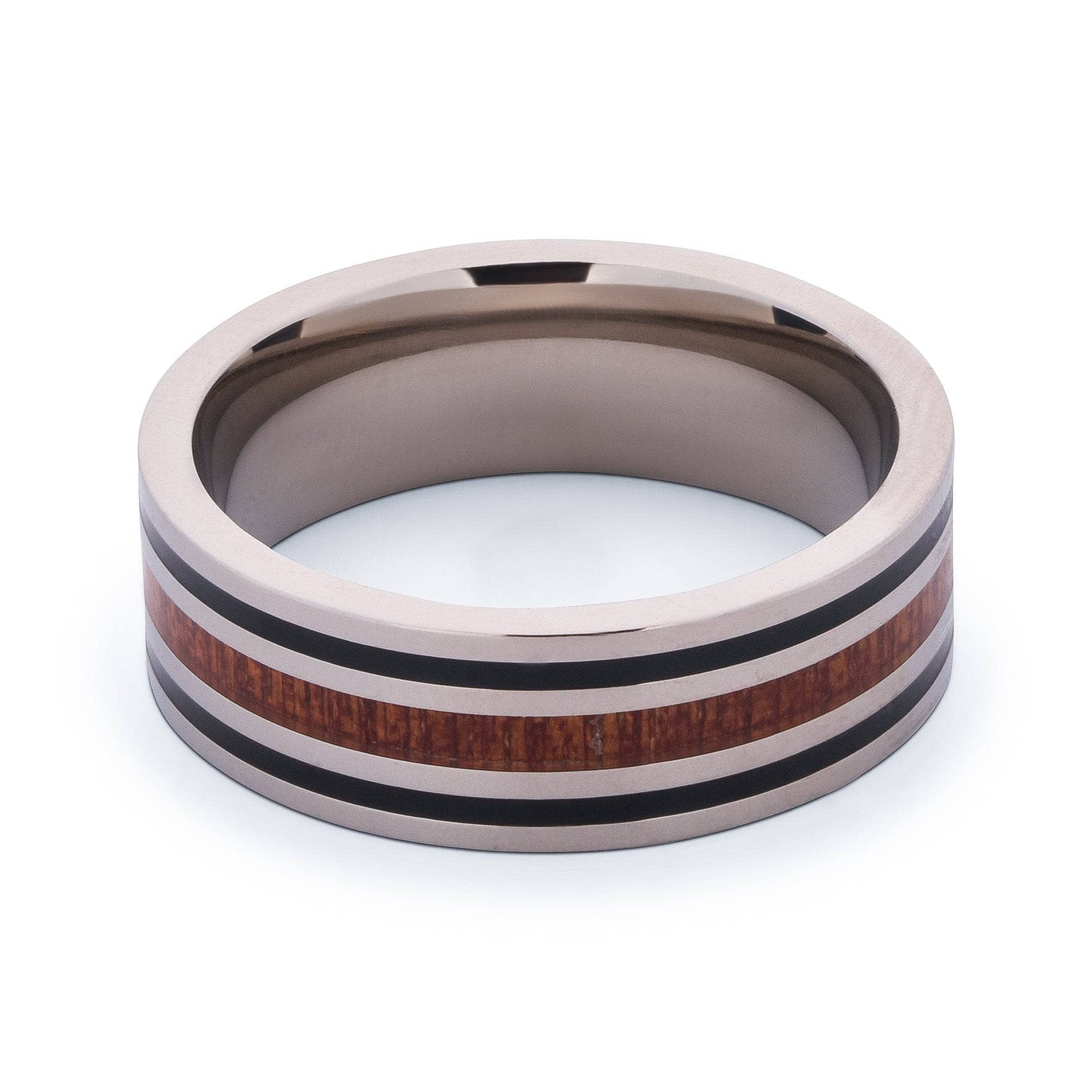 Polished Titanium Wedding Band With Pear Wood Double Black Stripes