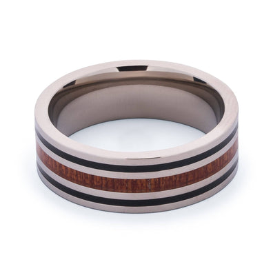 Polished Titanium Wedding Band With Pear Wood Double Black Stripes