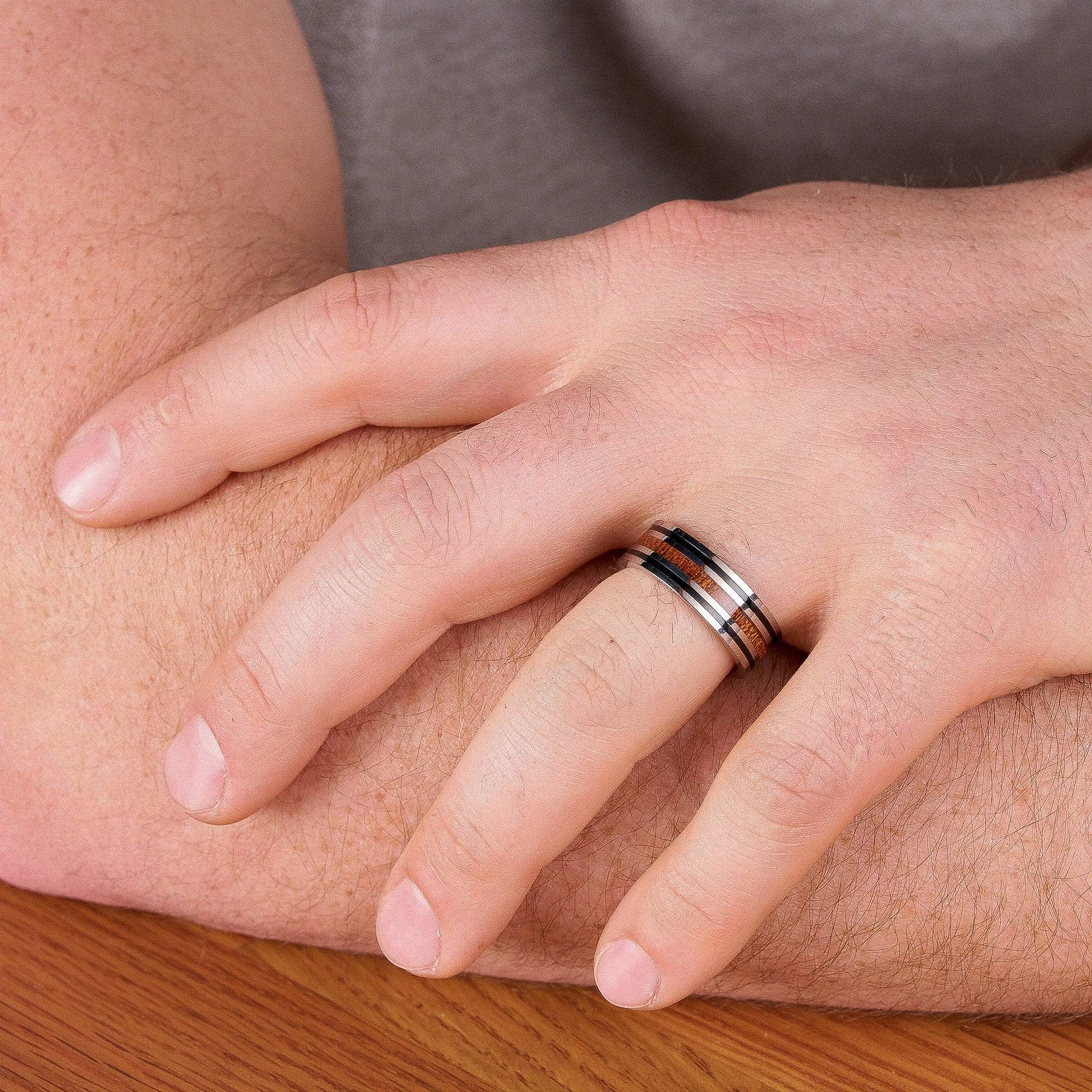 Polished Titanium Wedding Band With Pear Wood Double Black Stripes