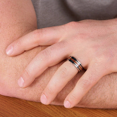 Polished Titanium Wedding Band With Pear Wood Double Black Stripes