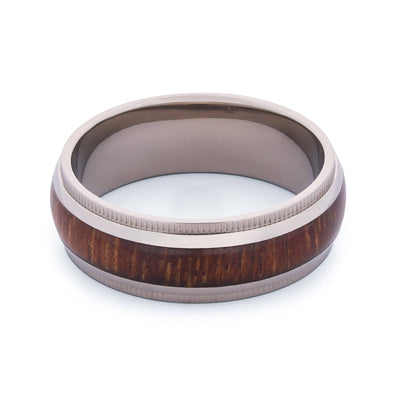 Polished Titanium Wedding Band With Punched Design And Koa Wood