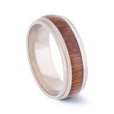 Polished Titanium Wedding Band With Punched Design And Koa Wood