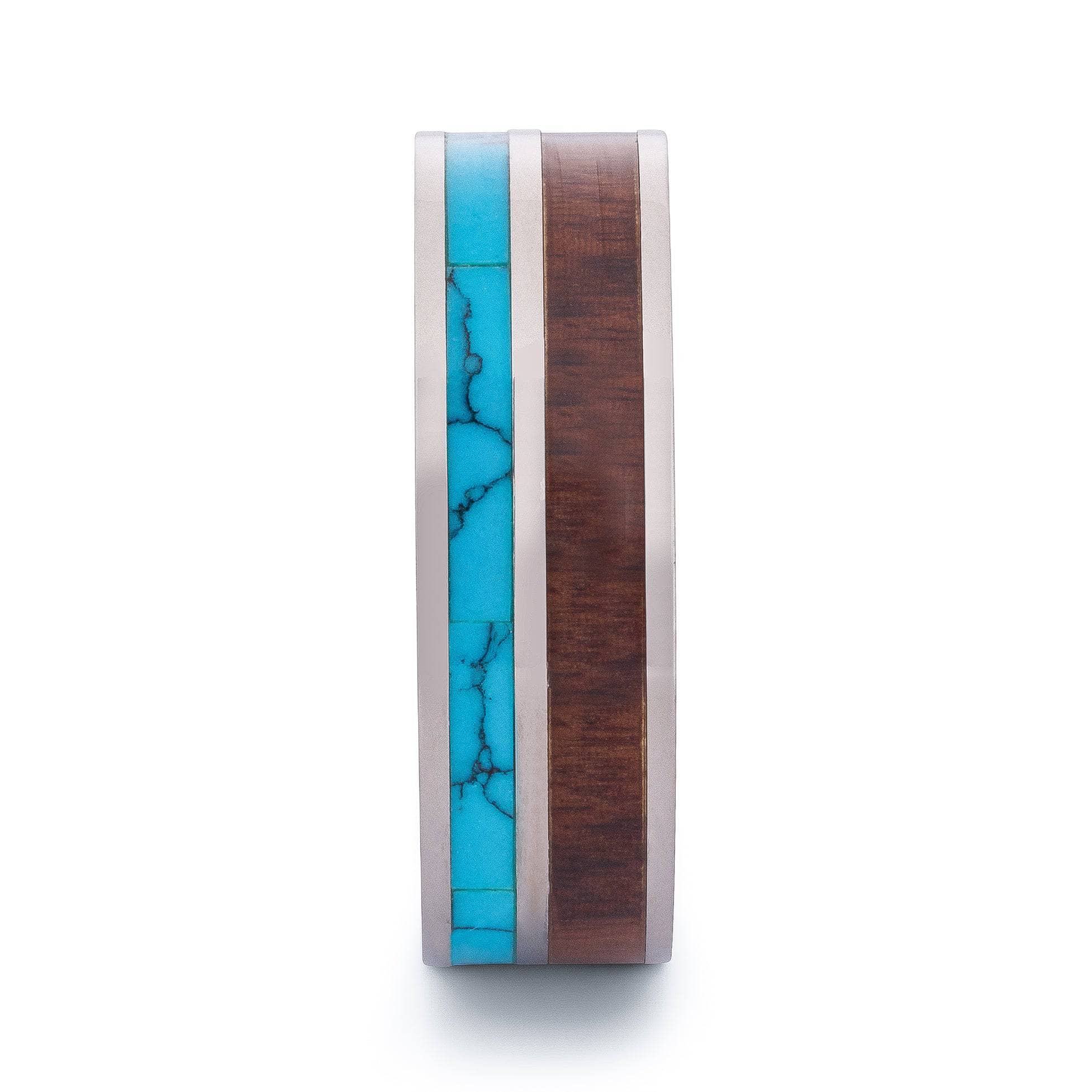 Polished Titanium Wedding Band With Turquoise and Pear Wood