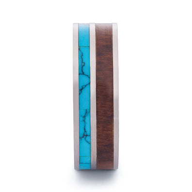 Polished Titanium Wedding Band With Turquoise and Pear Wood