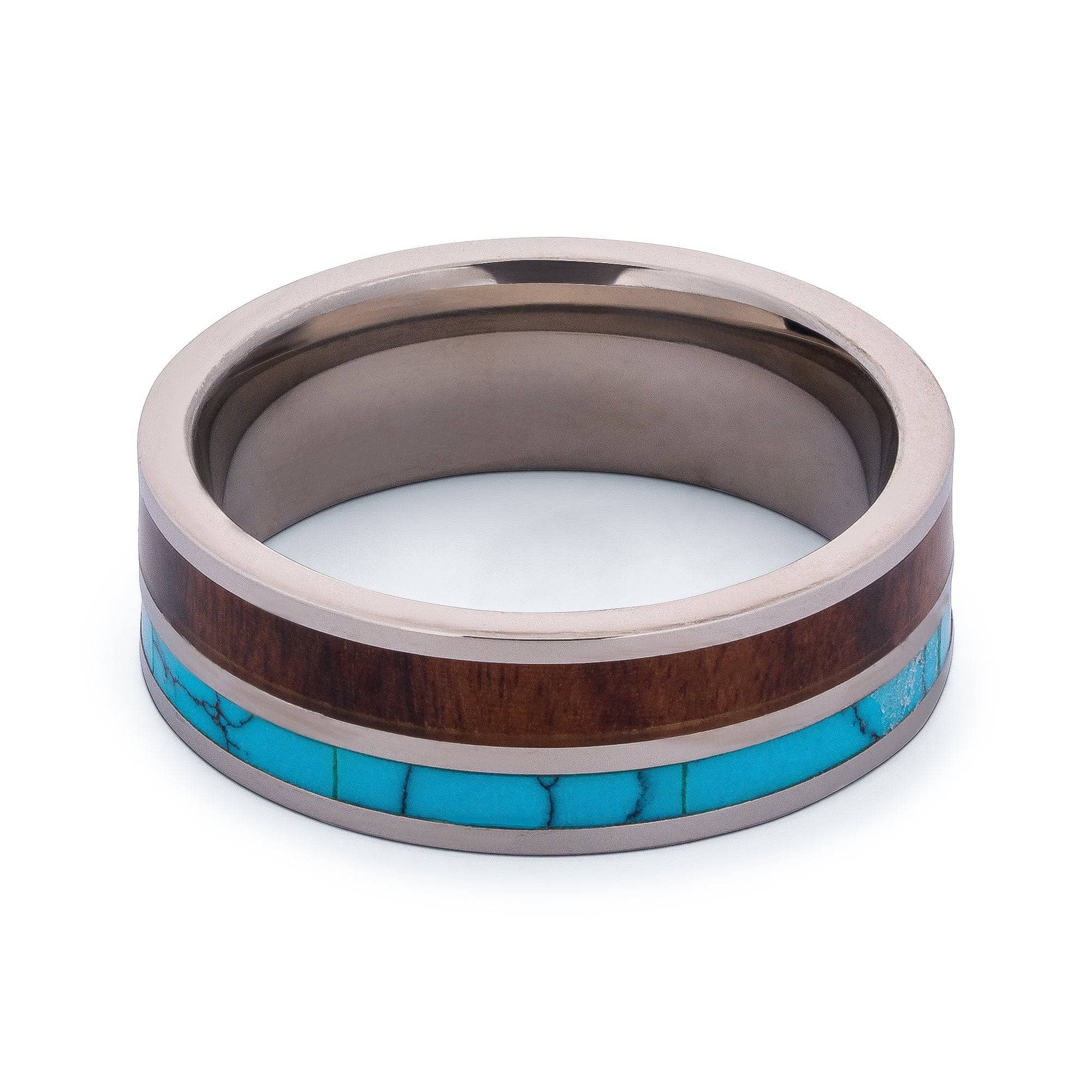 Polished Titanium Wedding Band With Turquoise and Pear Wood