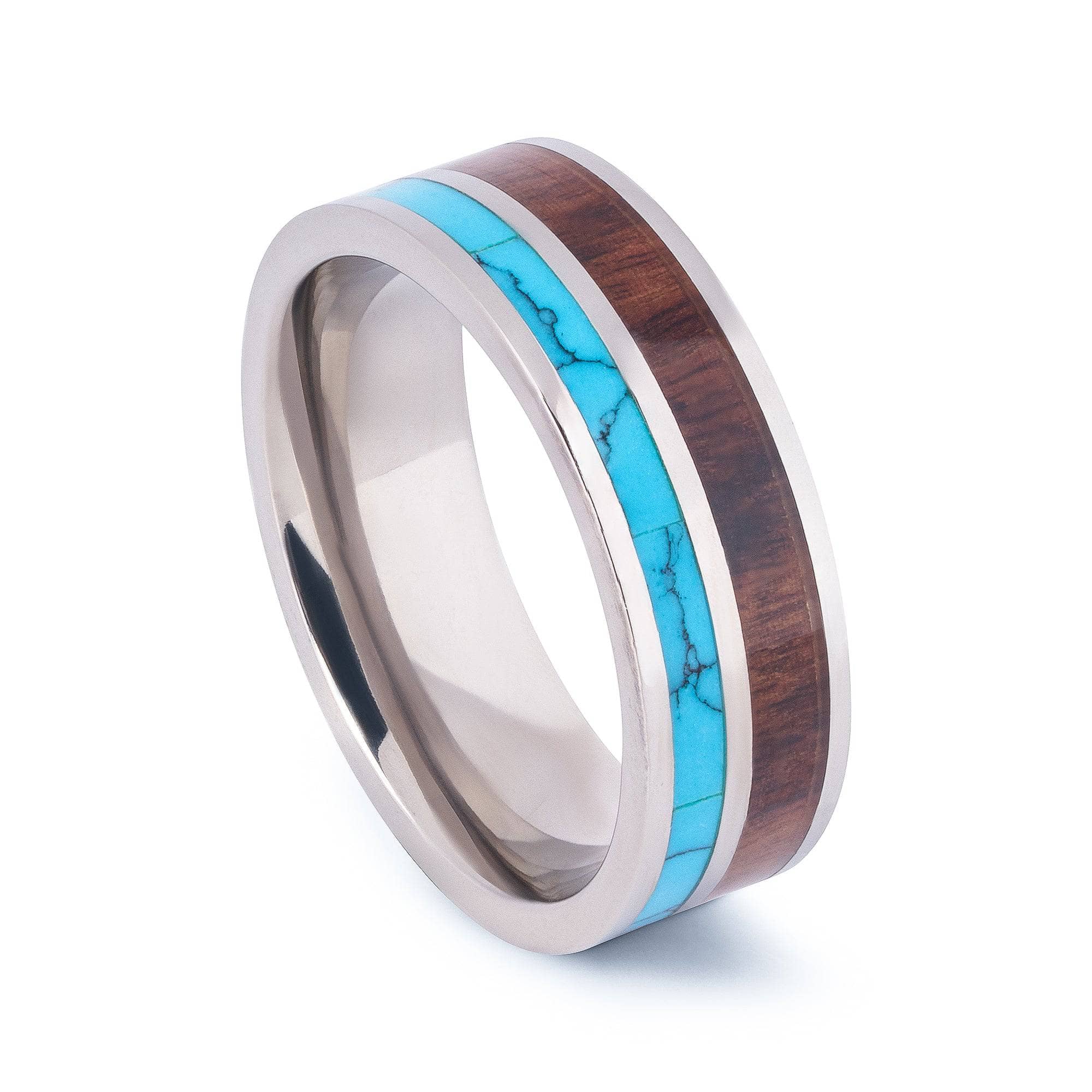 Polished Titanium Wedding Band With Turquoise and Pear Wood