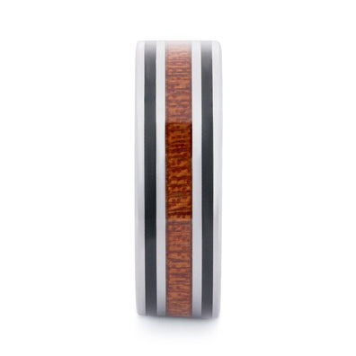 Polished Tungsten Wedding Band w/ Flat Surface And Pear Wood