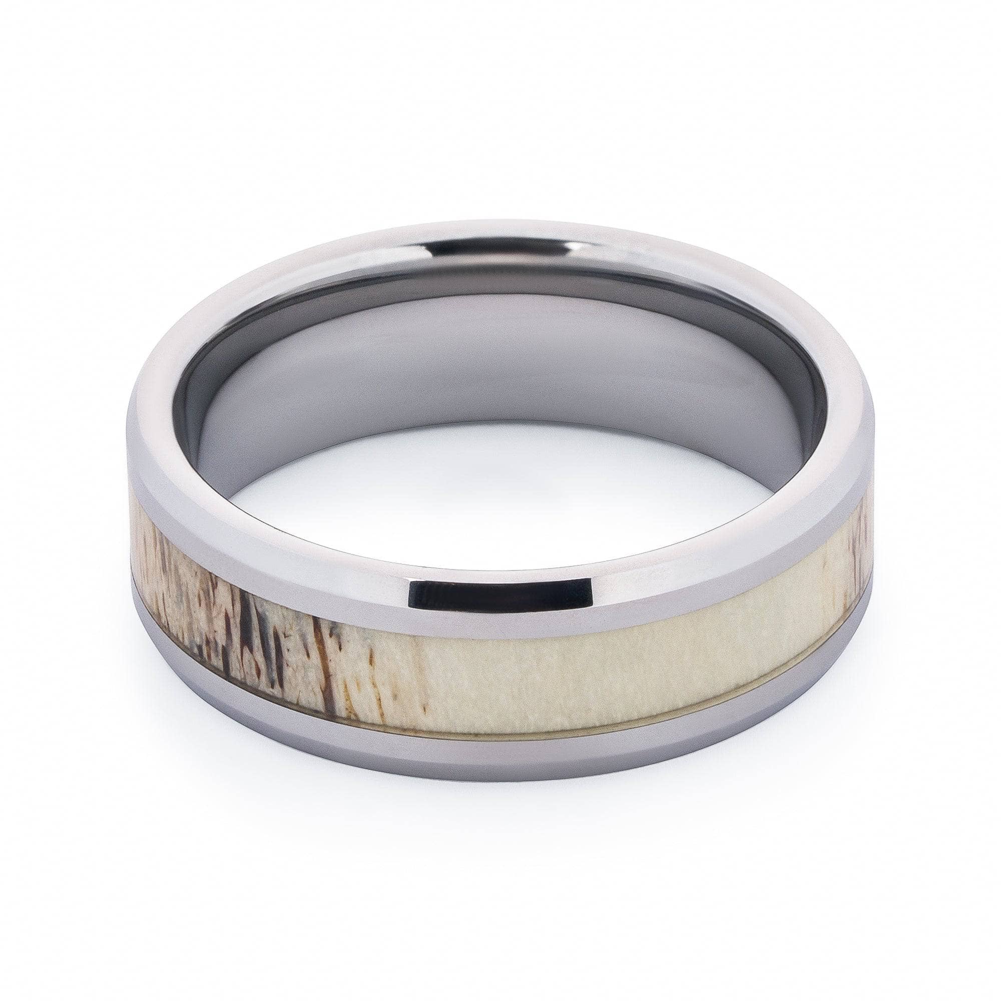 Polished Tungsten Wedding Band With Beveled Edges And Deer Antler