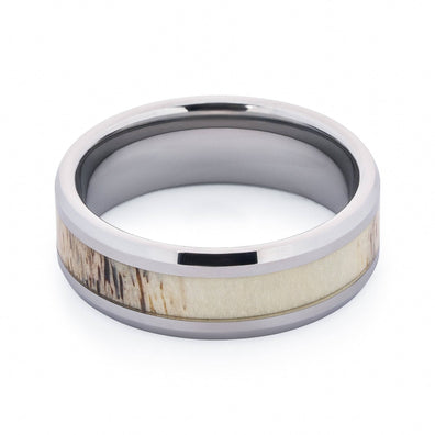 Polished Tungsten Wedding Band With Beveled Edges And Deer Antler