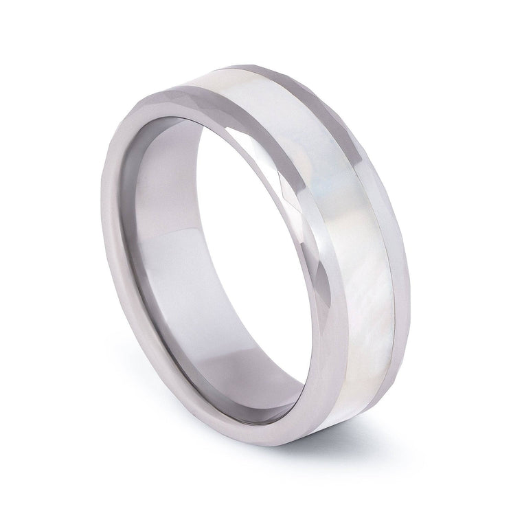 Tungsten Wedding Band With Beveled Edges And Pearl Shell 8MM