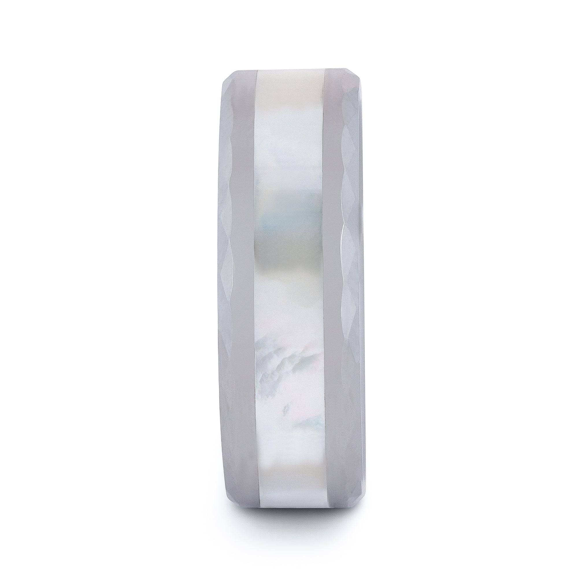 Polished Tungsten Wedding Band With Beveled Edges And Pearl Shell