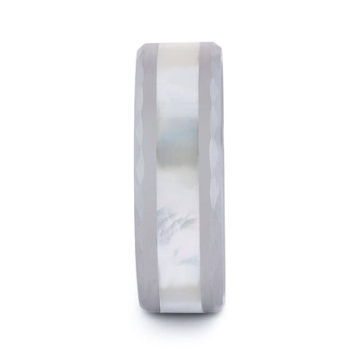 Polished Tungsten Wedding Band With Beveled Edges And Pearl Shell