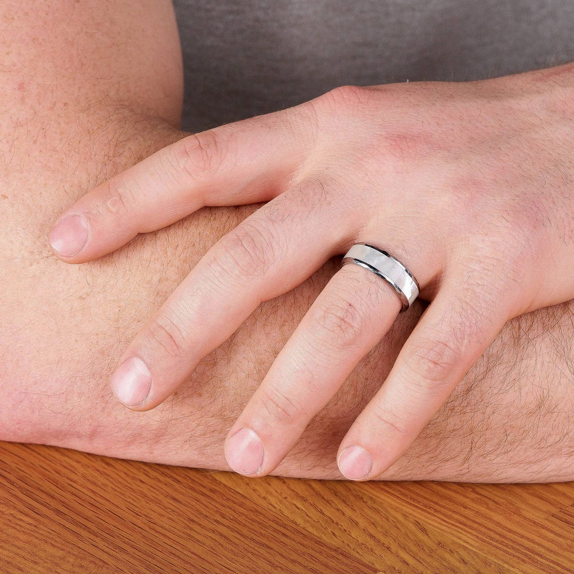 Polished Tungsten Wedding Band With Beveled Edges And Pearl Shell
