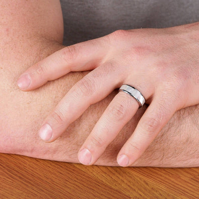 Polished Tungsten Wedding Band With Beveled Edges And Pearl Shell