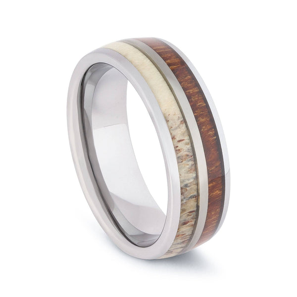Polished Tungsten Wedding Band With Deer Antler And Koa Wood