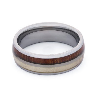 Polished Tungsten Wedding Band With Deer Antler And Koa Wood