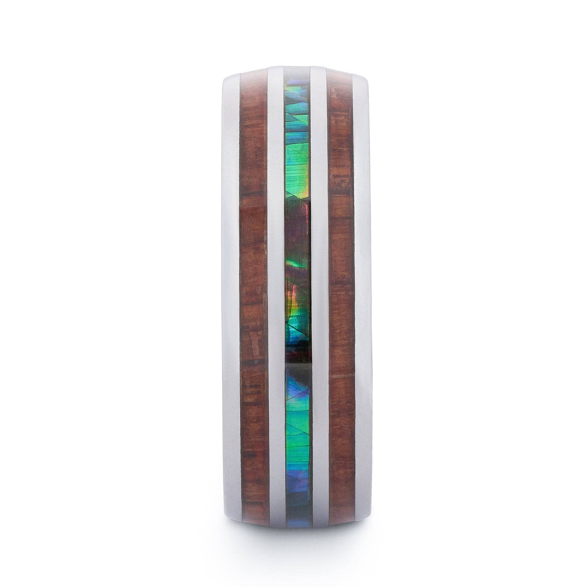 Polished Tungsten Wedding Band With Double Pear Wood And Shell