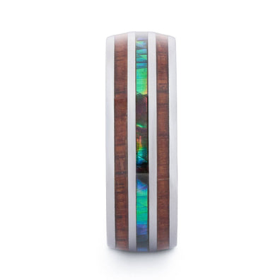 Polished Tungsten Wedding Band With Double Pear Wood And Shell