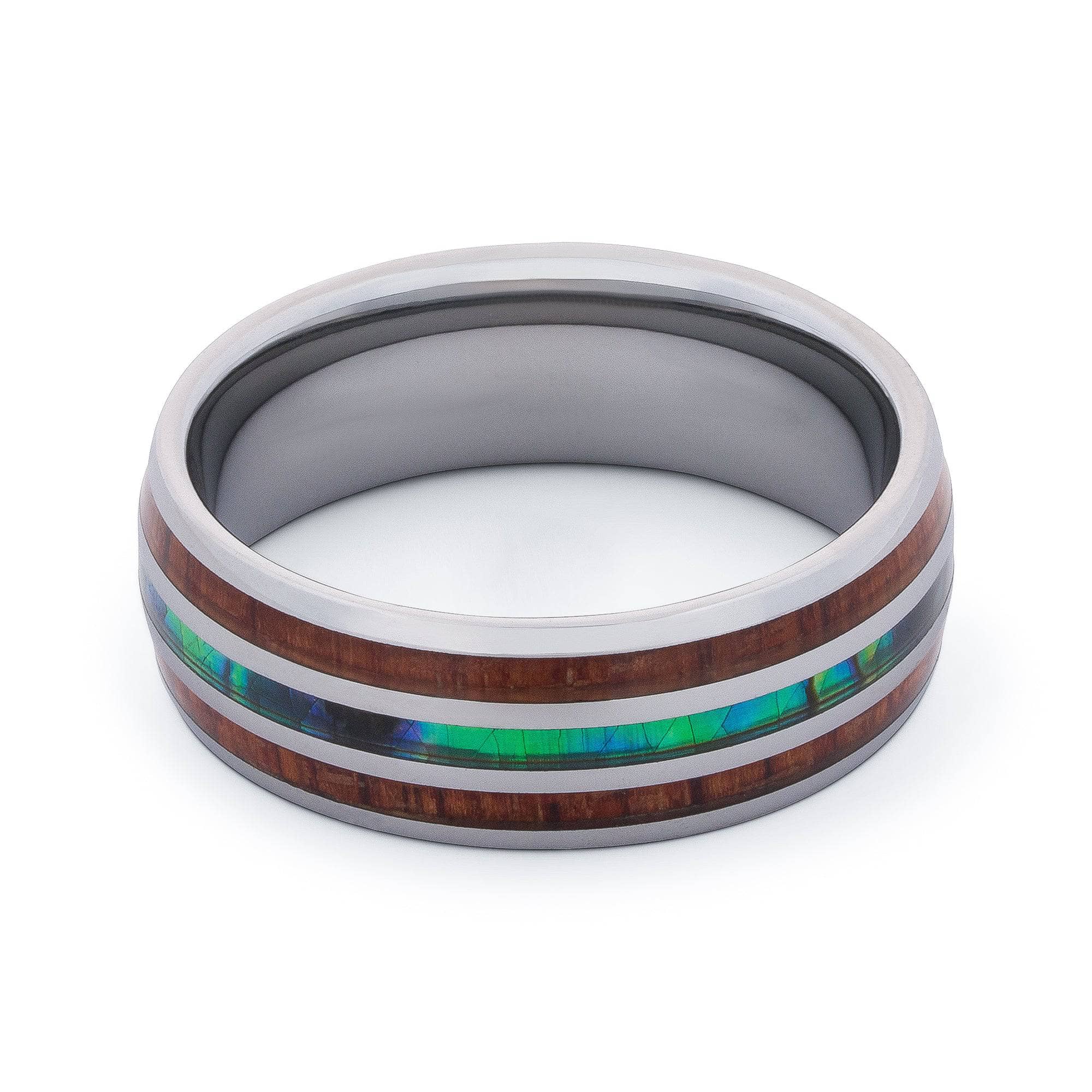 Polished Tungsten Wedding Band With Double Pear Wood And Shell