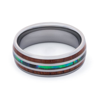 Polished Tungsten Wedding Band With Double Pear Wood And Shell
