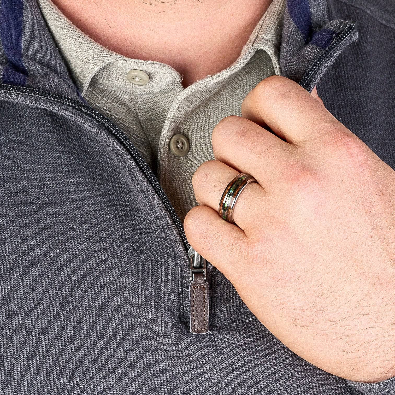 Polished Tungsten Wedding Band With Double Pear Wood And Shell