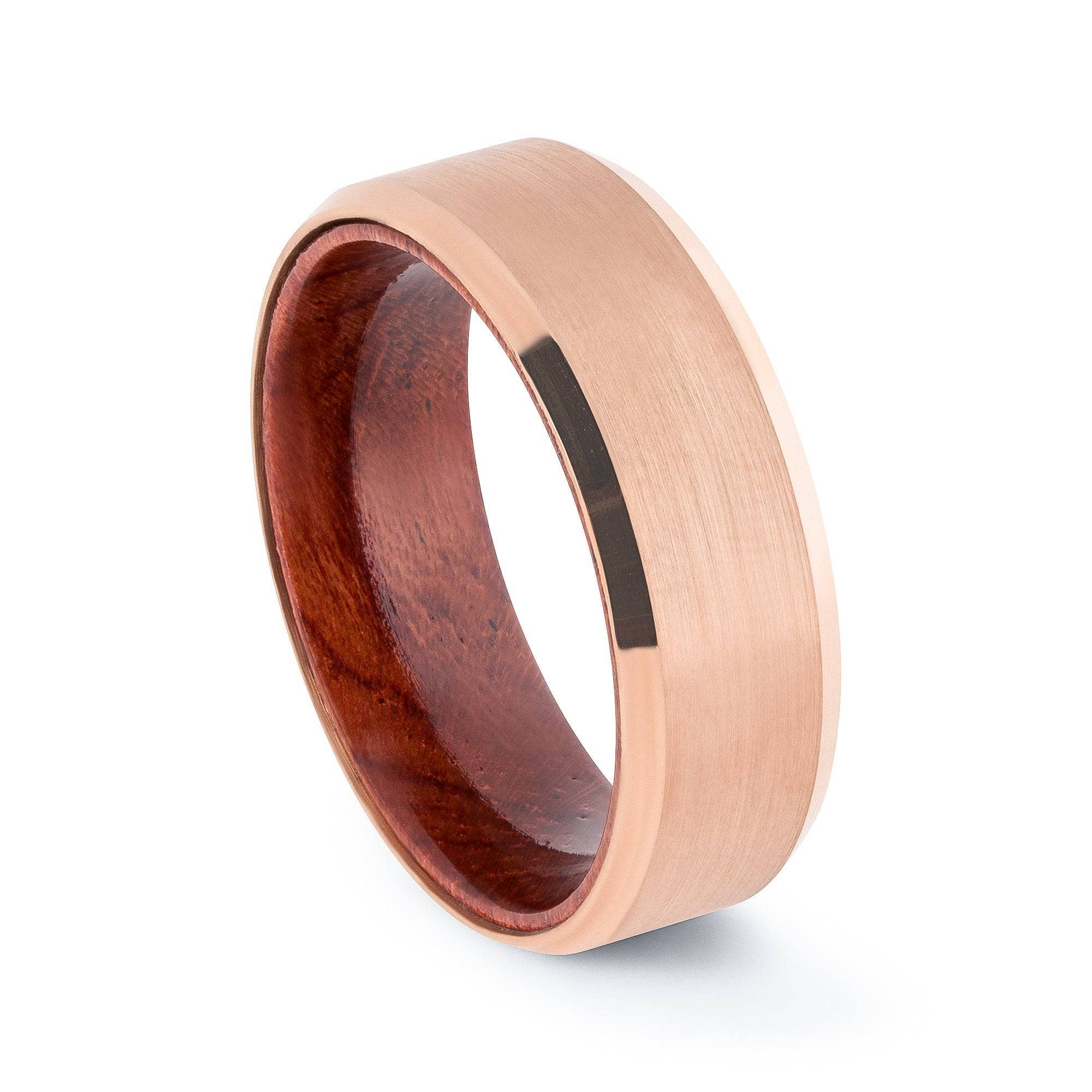 Rose Gold Tungsten Wedding Band With African Padauk Wood Interior