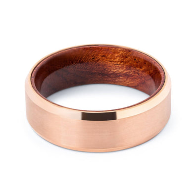Rose Gold Tungsten Wedding Band With African Padauk Wood Interior