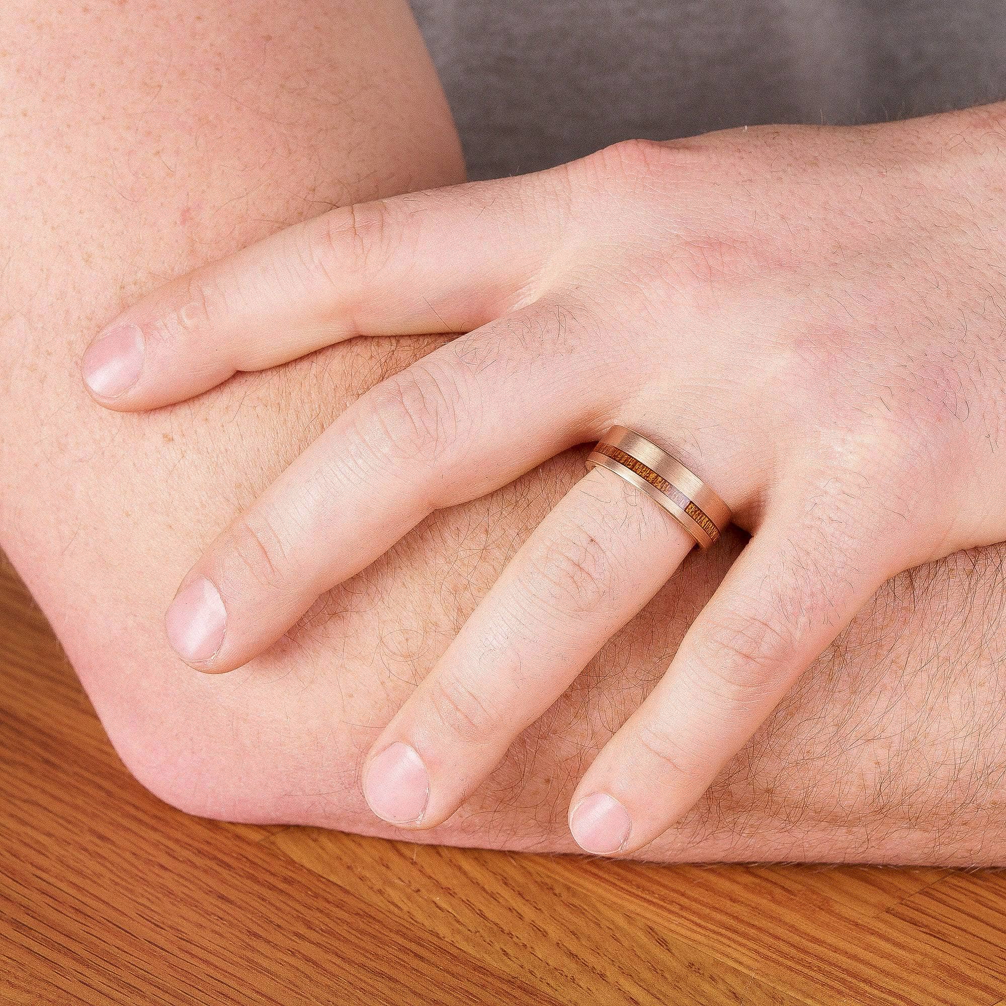 Rose Gold Tungsten Wedding Band With Flat Surface And Pear Wood