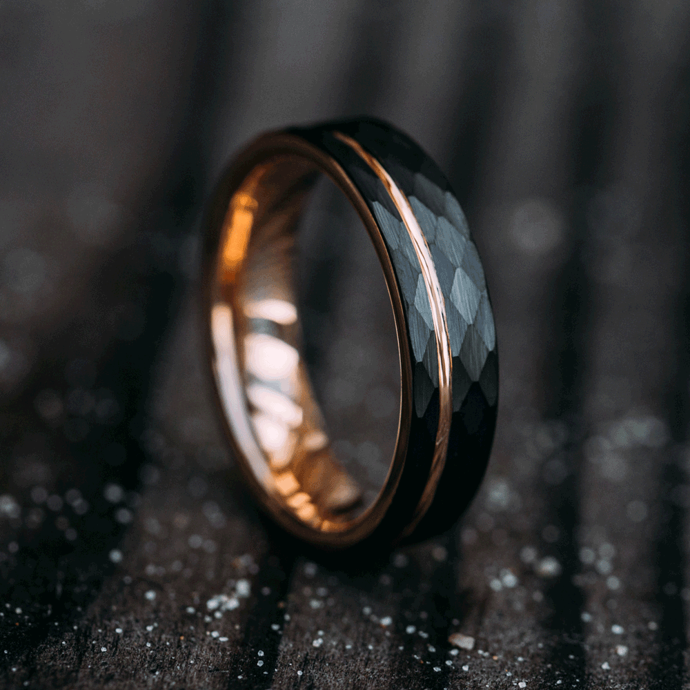 Rose Gold Tungsten Wedding Band With Hammered Black Surface