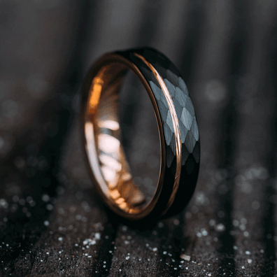 Rose Gold Tungsten Wedding Band With Hammered Black Surface