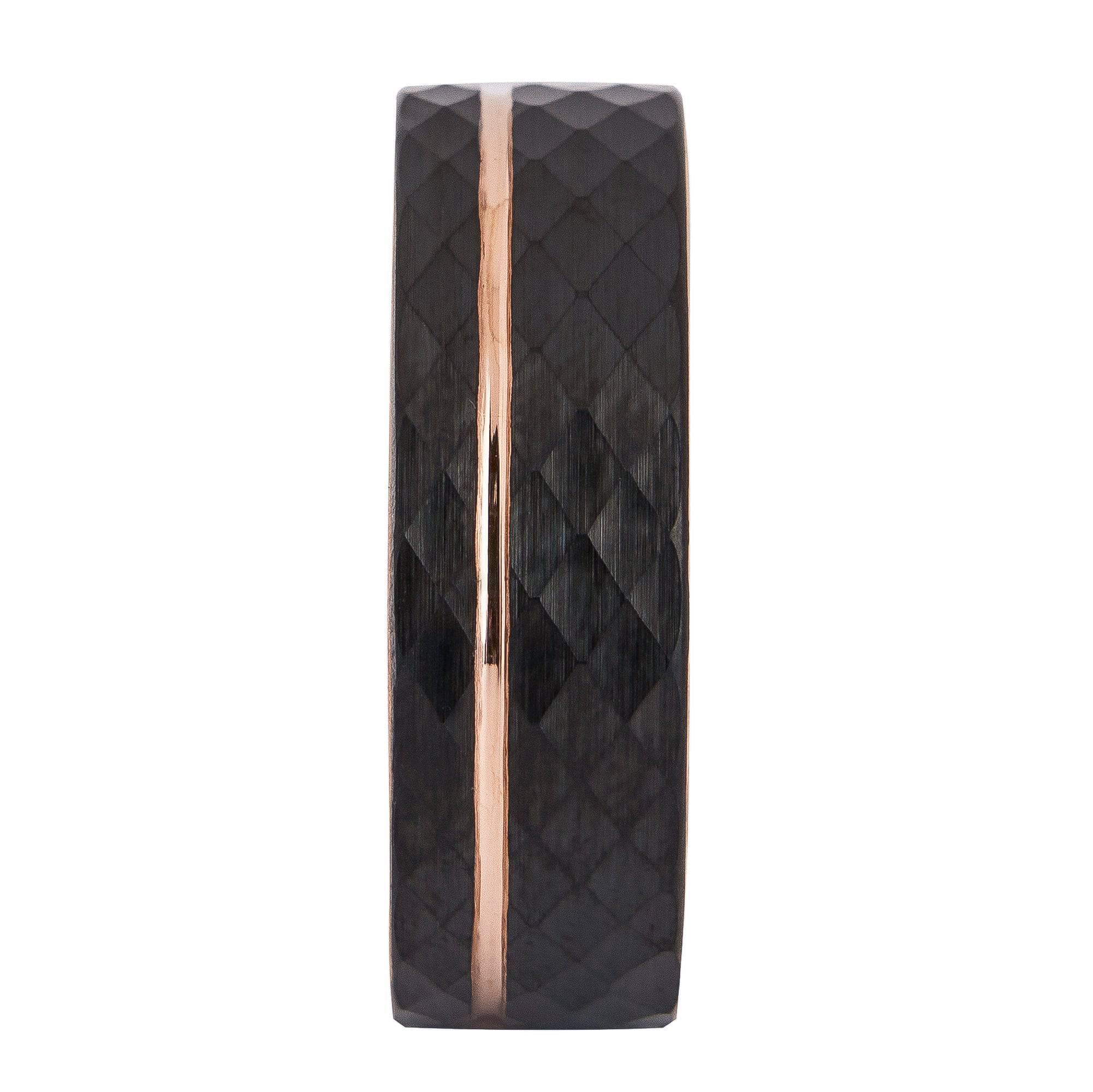 Rose Gold Tungsten Wedding Band With Hammered Black Surface