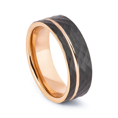 Rose Gold Tungsten Wedding Band With Hammered Black Surface