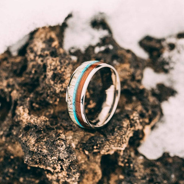 Titanium Wedding Band With Deer Antler And Chestnut Wood with Turquoise 6MM