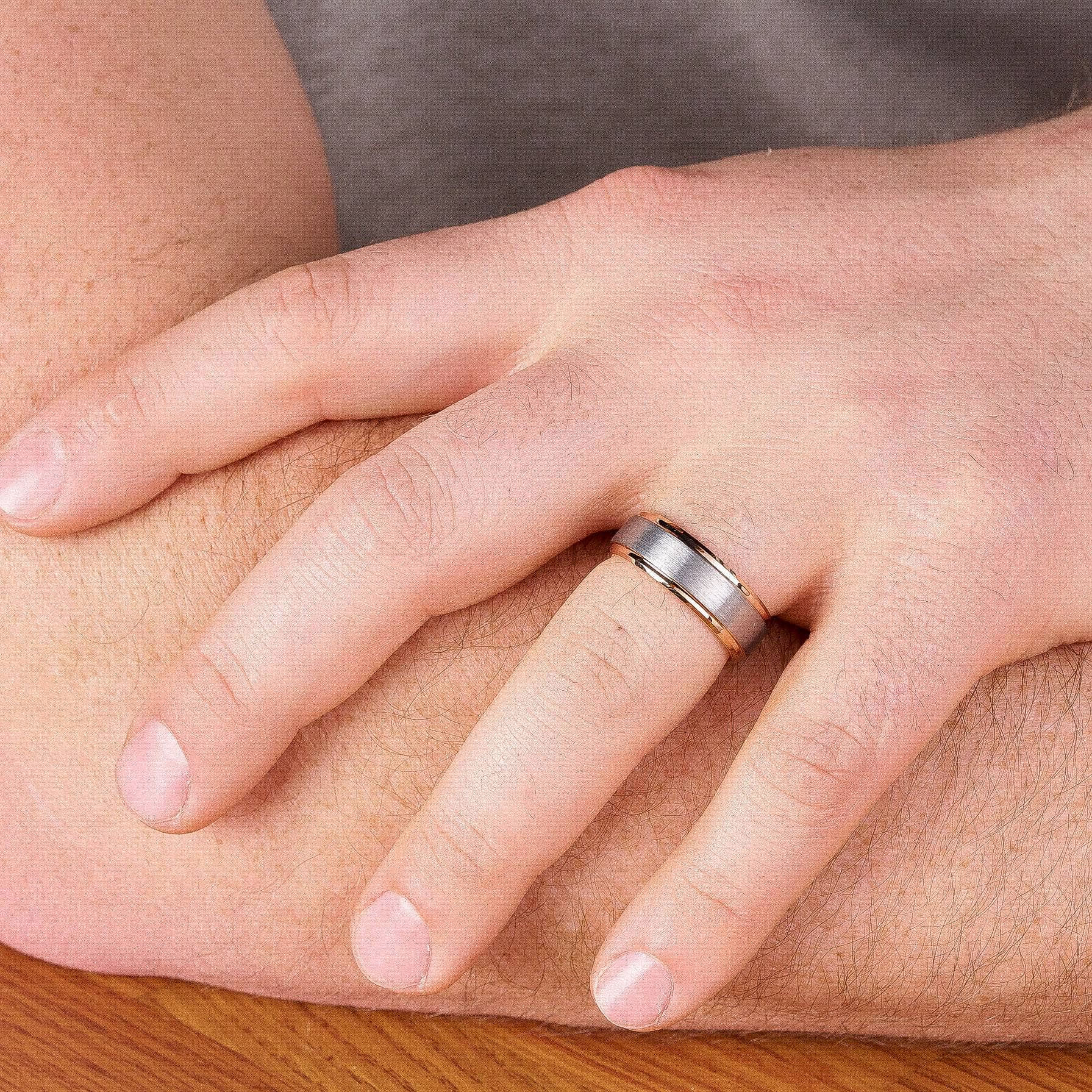 Tungsten Brushed Wedding Band with Rose Gold Plated Sides 8MM