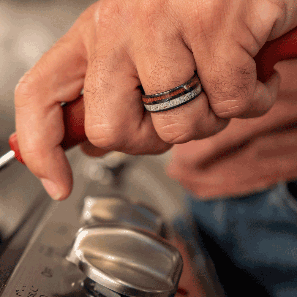 Black Tungsten Wedding Band With Deer Antler And Pear Wood