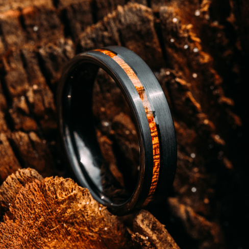 Black Tungsten Wedding Band With Flat Surface And Pear Wood