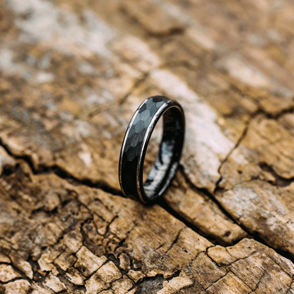 Black Tungsten Wedding Band With Raised Hammered Inlay
